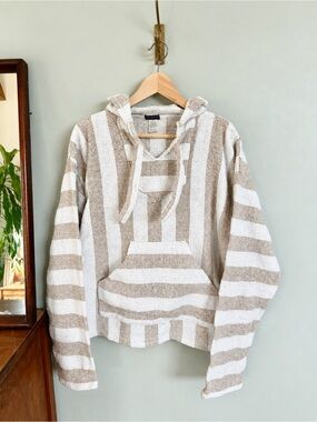 Earthbound Trading Co Baja Hoodie Pullover L Cream Tan Striped Woven Boho